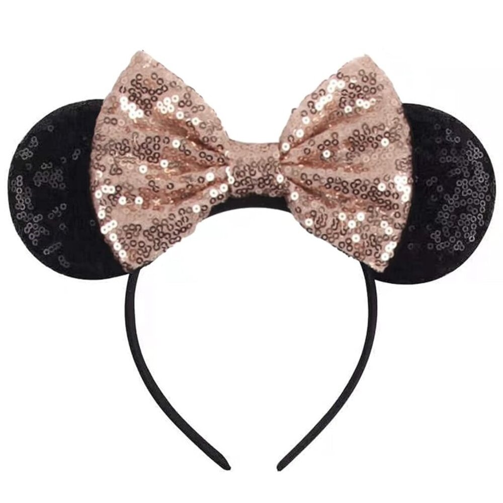 Sequin Rose Gold Minnie Headband with Mouse Ears and Bow, Sparkle Park Princess